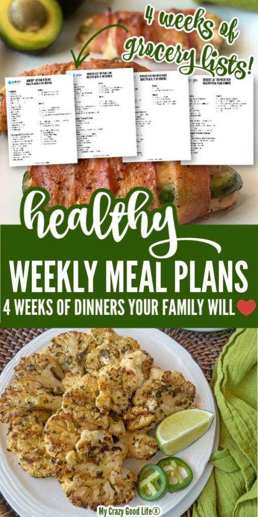 images of cauliflower, bacon wrapped chicken, grocery lists with text for pinterest