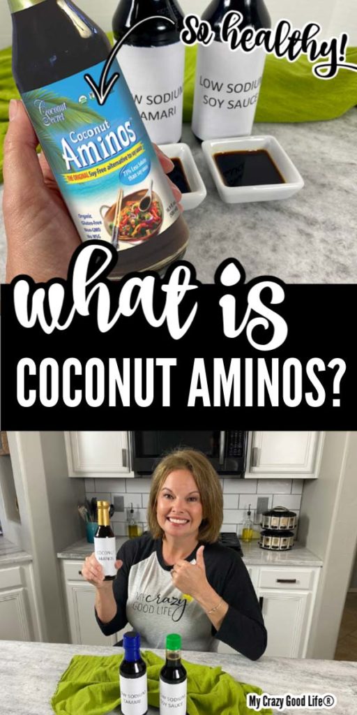 collage images of becca and bottles of coconut aminos with text for pinterest