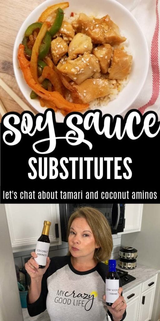 images of becca holding coconut aminos bottle and orange chicken  with text for Pinterest