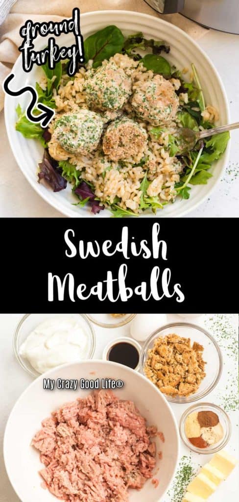 collage with text for pinterest showing ingredients and finished swedish meatballs