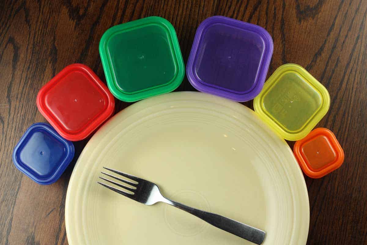 Cream dinner plate with six 21 day fix containers around the outside. 