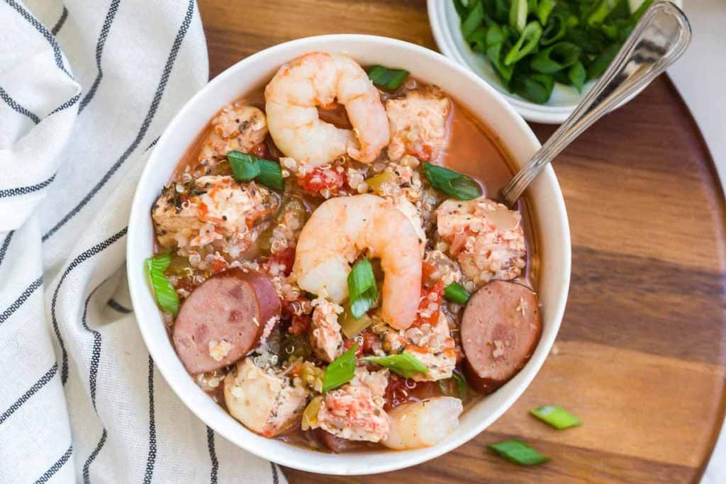 Healthy Crockpot Jambalaya with Quinoa in white bowl from above