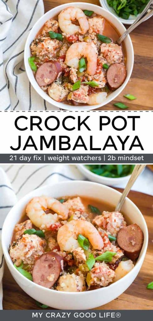 images and text of Healthy Crockpot Jambalaya with Quinoa for pinterest