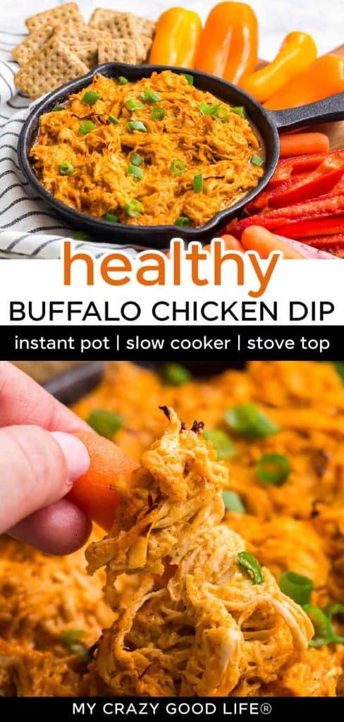two images and text for Healthy Buffalo Chicken Dip with Cottage Cheese