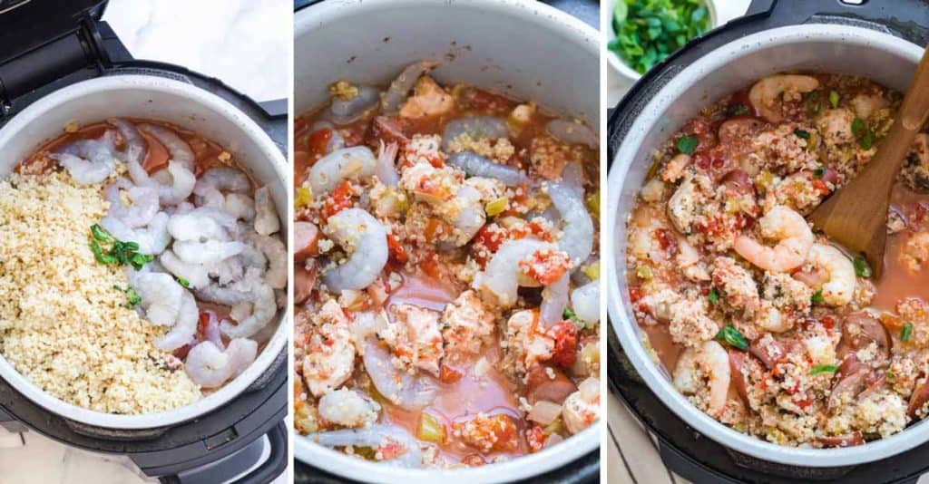 collage of images showing steps to make Healthy Crockpot Jambalaya with Quinoa