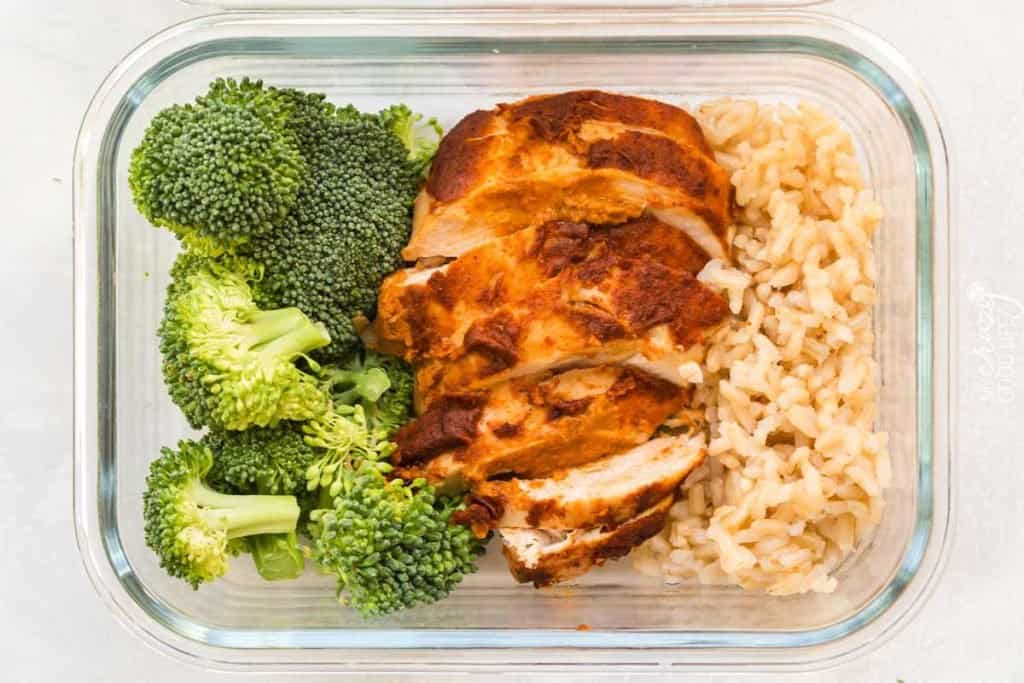 meal prep container with copycat chipotle chicken