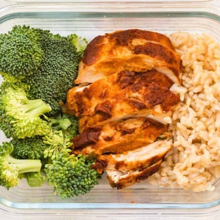 meal prep container with copycat chipotle chicken