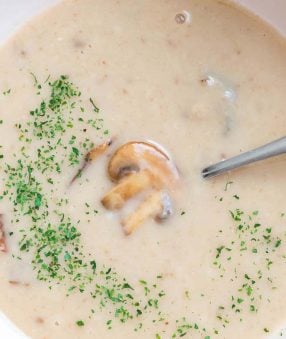 close up of cream of mushroom soup in white bowl