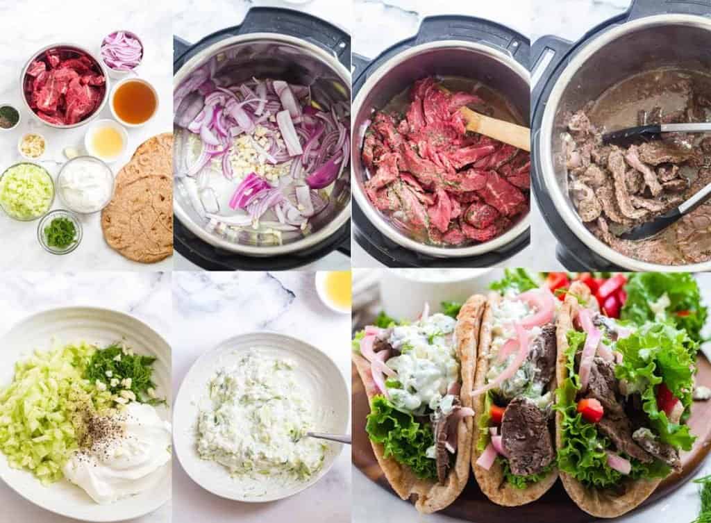 collage showing the steps for making instant pot gyros