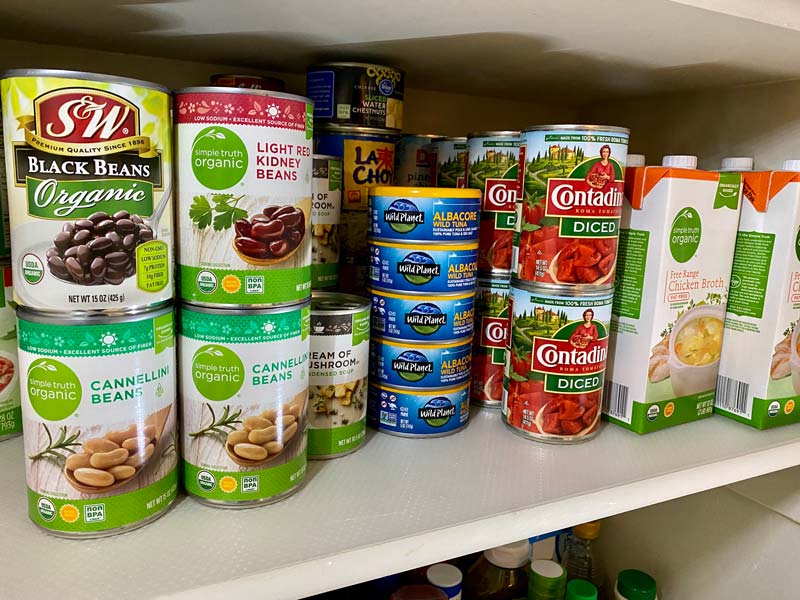 canned pantry items - beans, tuna, broth