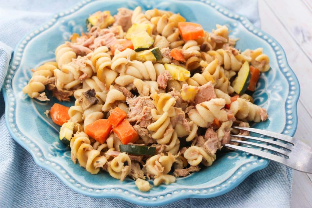 tuna casserole on a blue plate