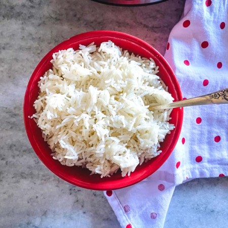 red bowl with white rice