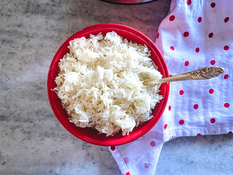 red bowl with white rice 