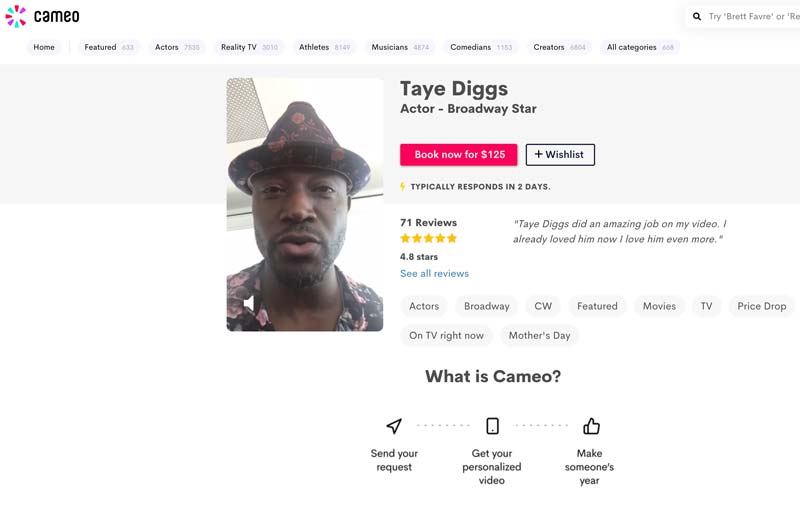 homescreen of Taye Diggs on Cameo as a way to celebrate college graduation