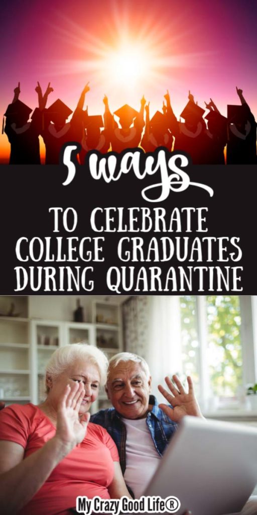 image with text for pinterest, showing grandparents waving at computer and graduates