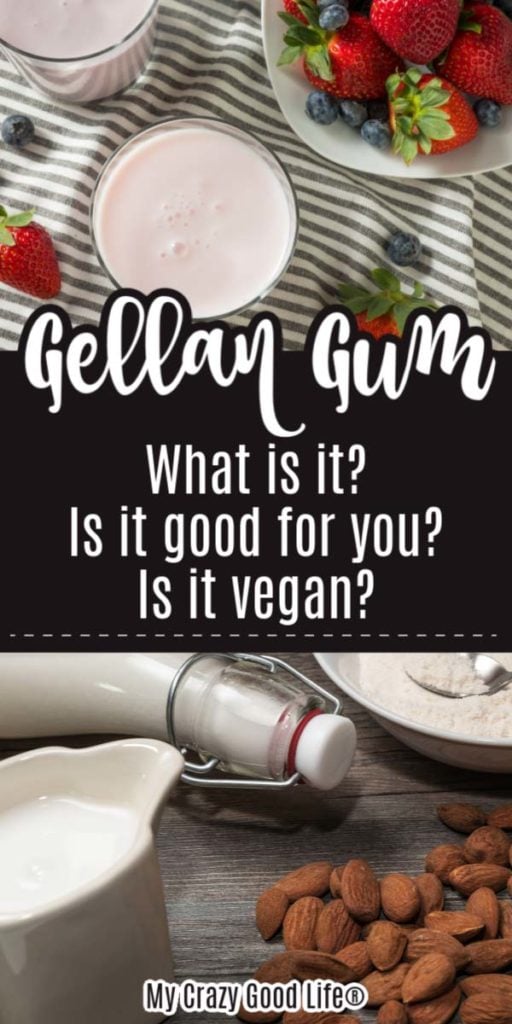 image of gellan gum on striped tablecloth with text for pinterest
