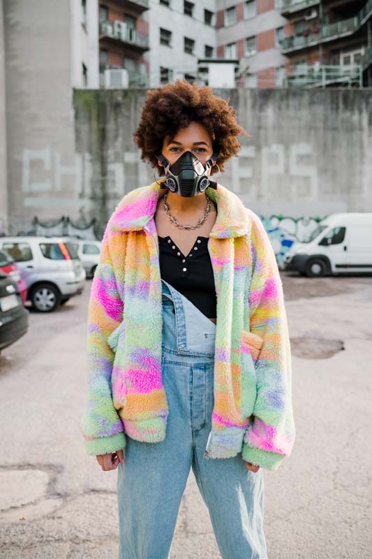 high school senior with protective mask at a photo shoot