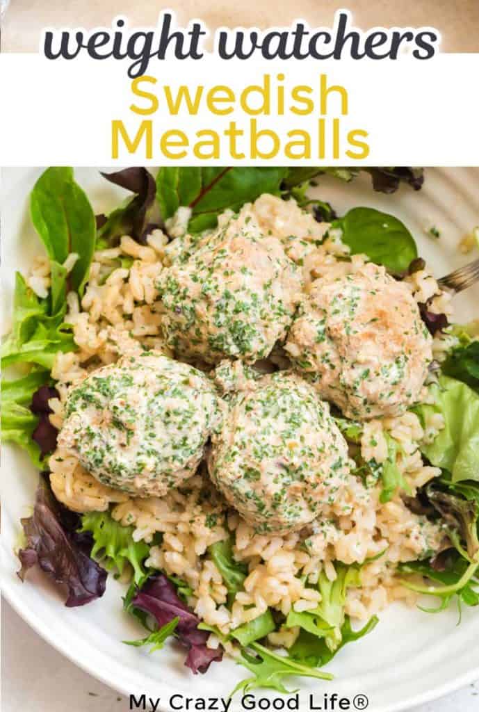 close up of swedish meatballs with text for pinterest