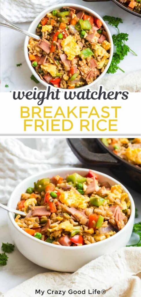 pinnable image with two pictures and text for breakfast fried rice