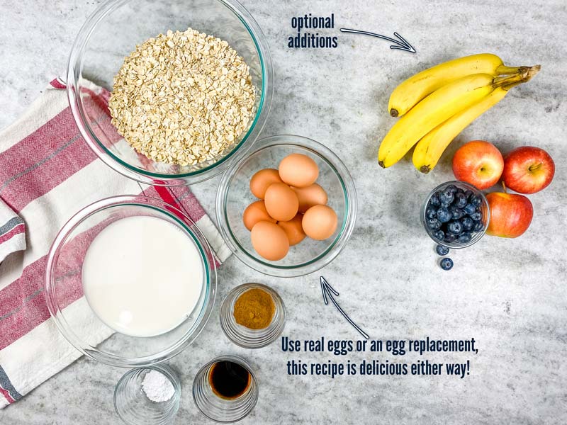 ingredients for amish baked oatmeal: oats, eggs, almond milk, vanilla, cinnamon, baking powder, and optional fruit 