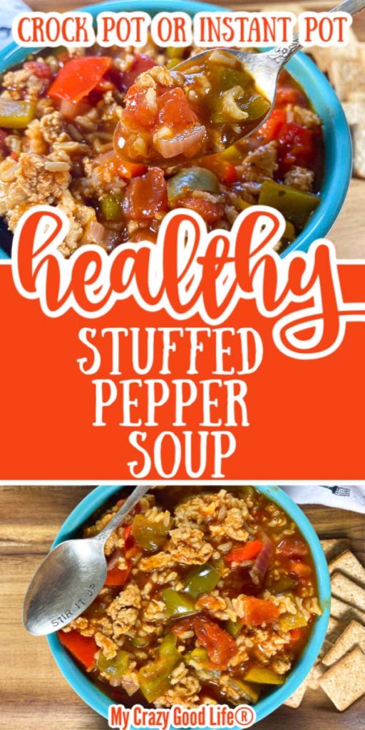 collage image with text of healthy stuffed pepper soup in blue bowl