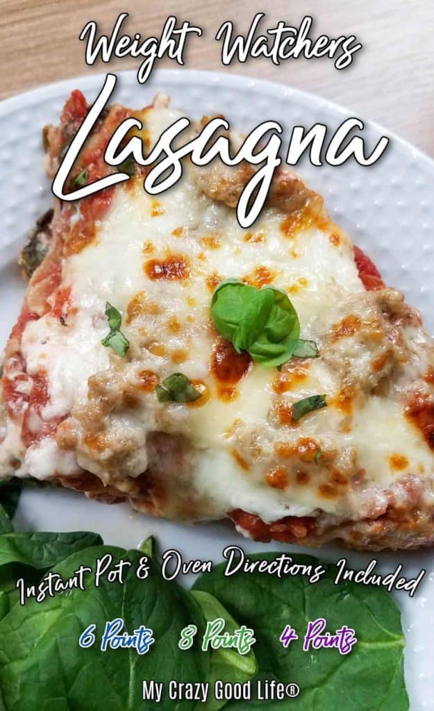 image of slice of lasagna on white plate with text for pinterest