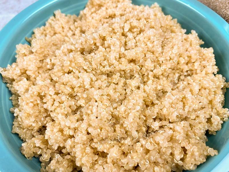 close-up of quinoa in a blue bowl 