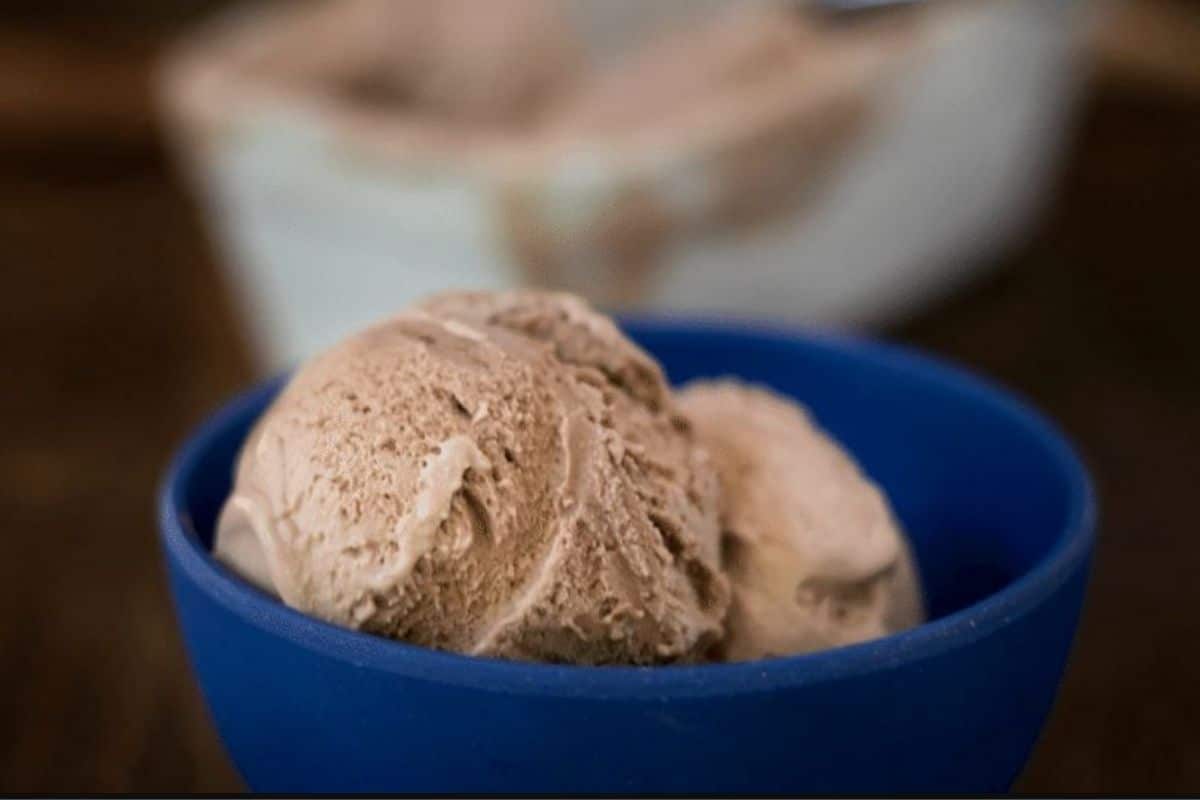 A blue bowl with two scoops of chocolate banana ice cream.