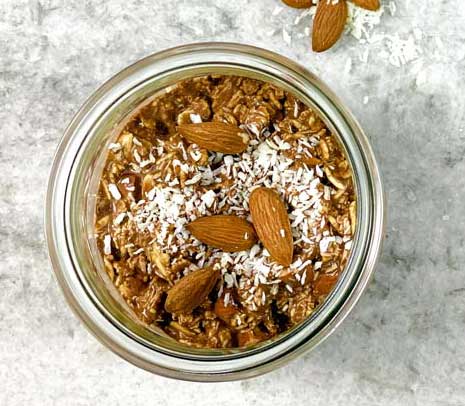 close up of chocolate coconut overnight oats