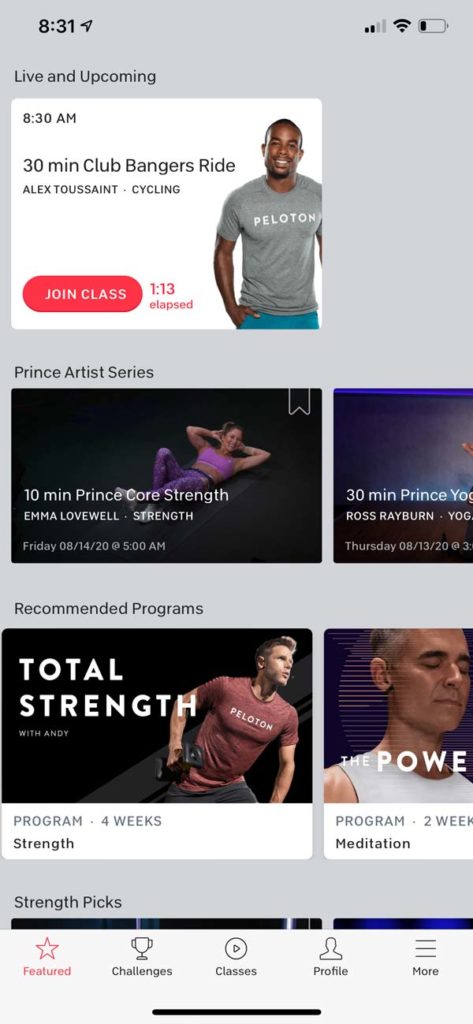 screenshot of Peloton app home screen