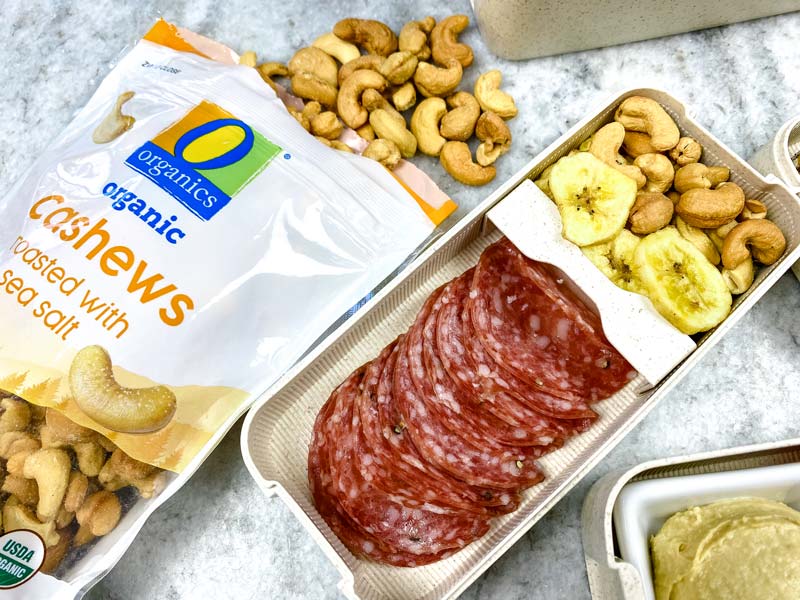close up of salami and O Organics cashews
