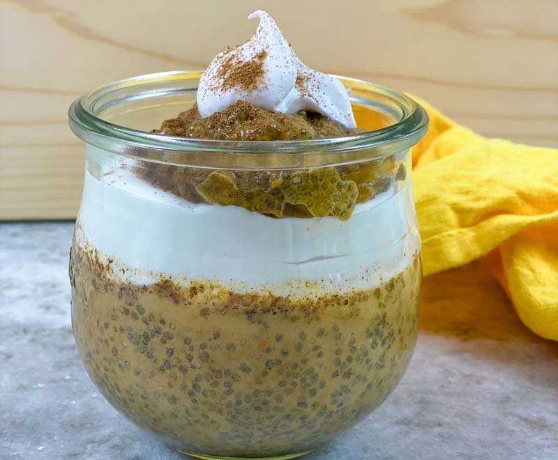 close up of coconut whip on chia pudding