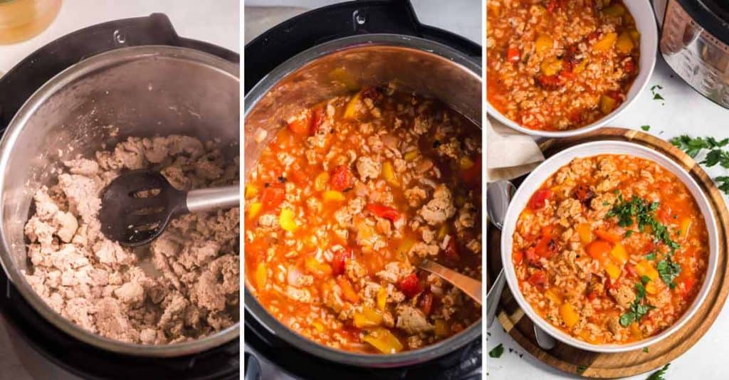collage of images showing steps to make Easy Stuffed Pepper Soup