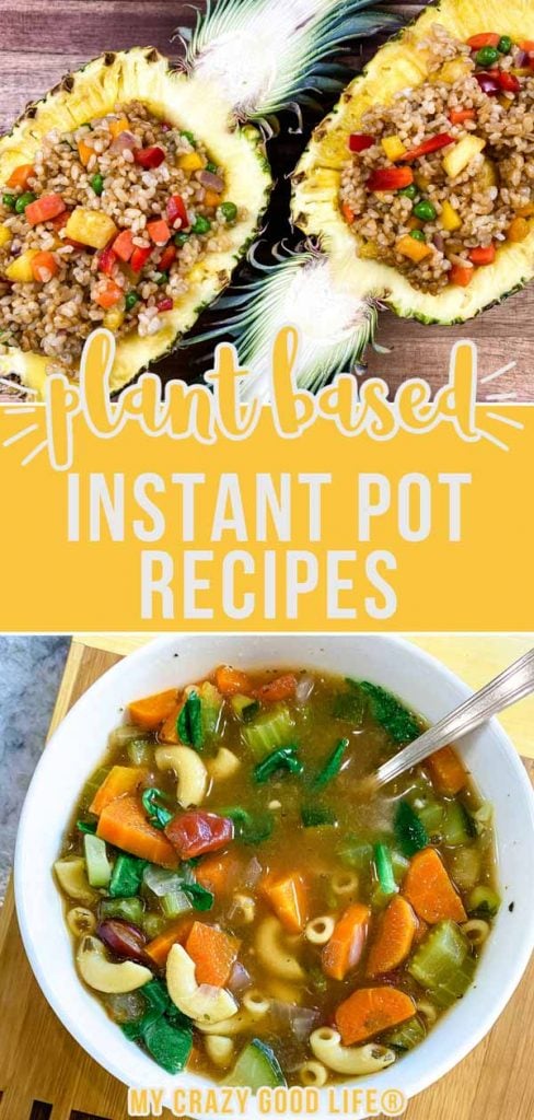 pineapple fried rice and minestrone soup with text for plant based instant pot recipes