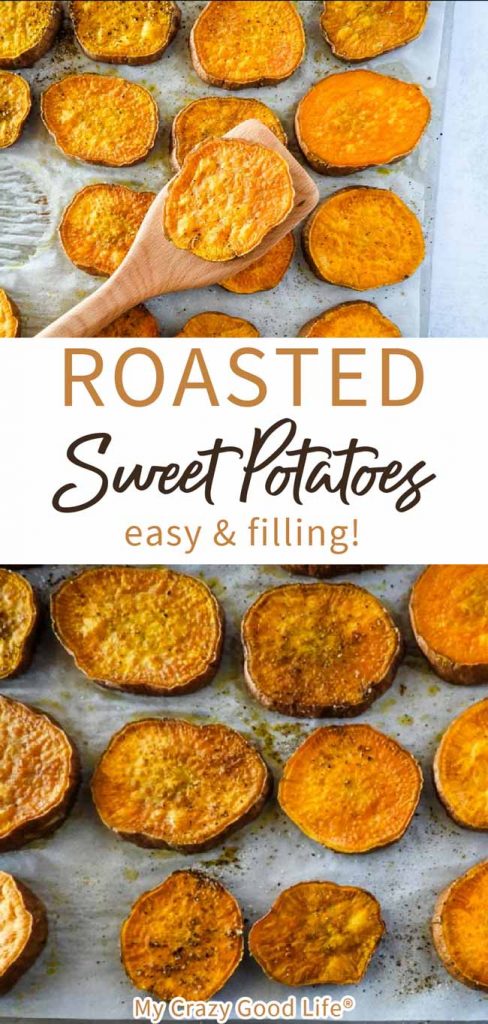 collage of roasted sweet potatoes with text