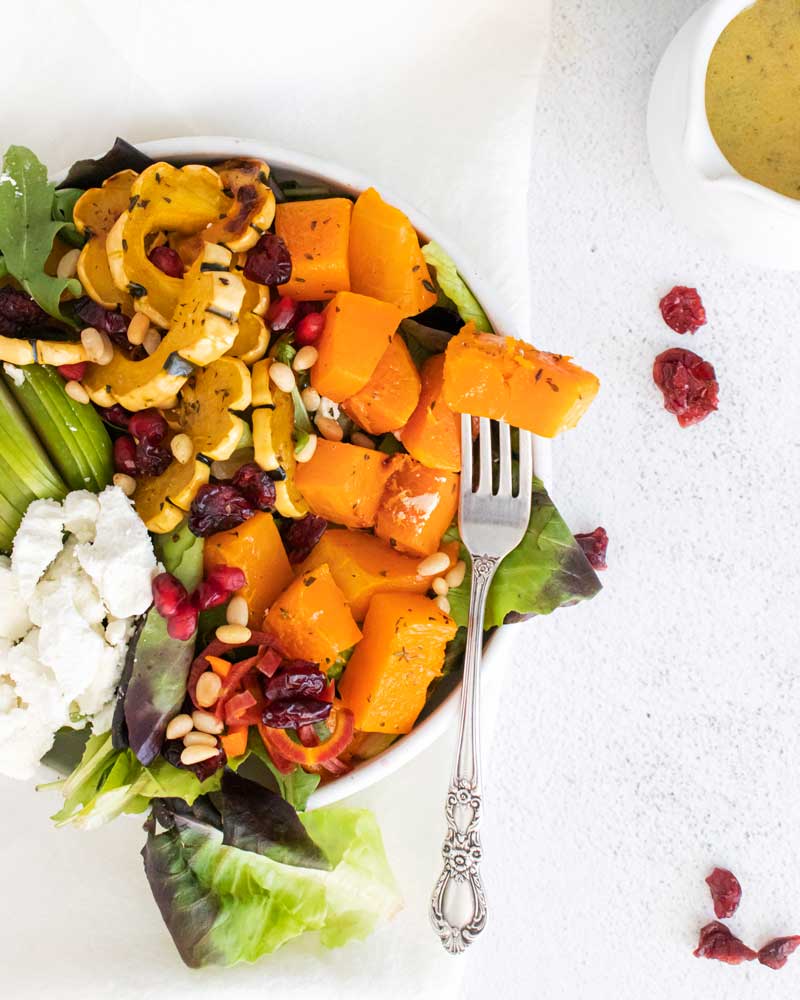 close up view of butternut squash salad