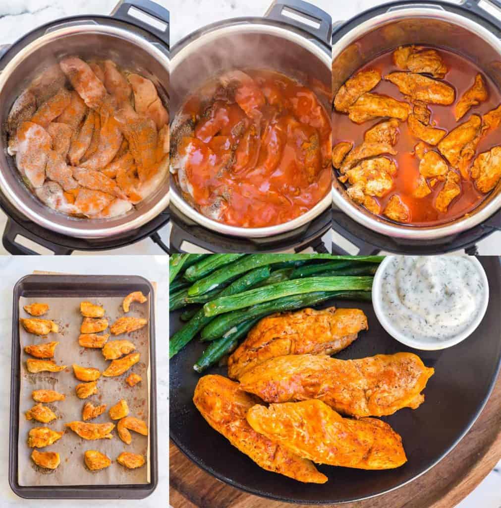 collage of 5 pictures showing the steps to make ww buffalo chicken wings in the instant pot. 