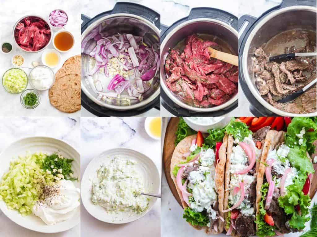 collage of images showing steps to make beef gyros