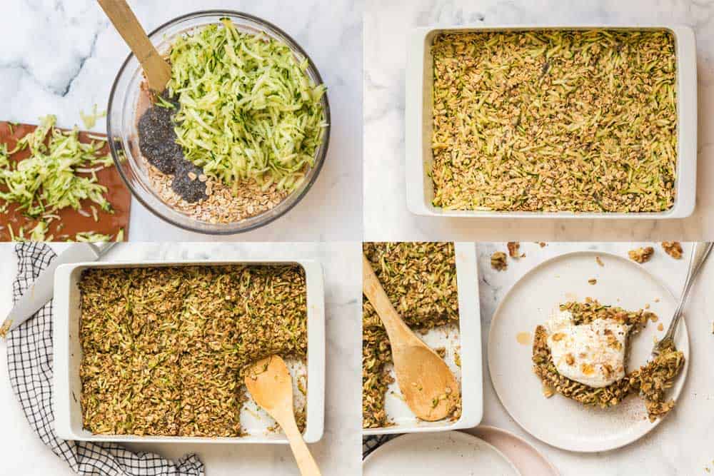four images showing the process of making zucchini baked oatmeal