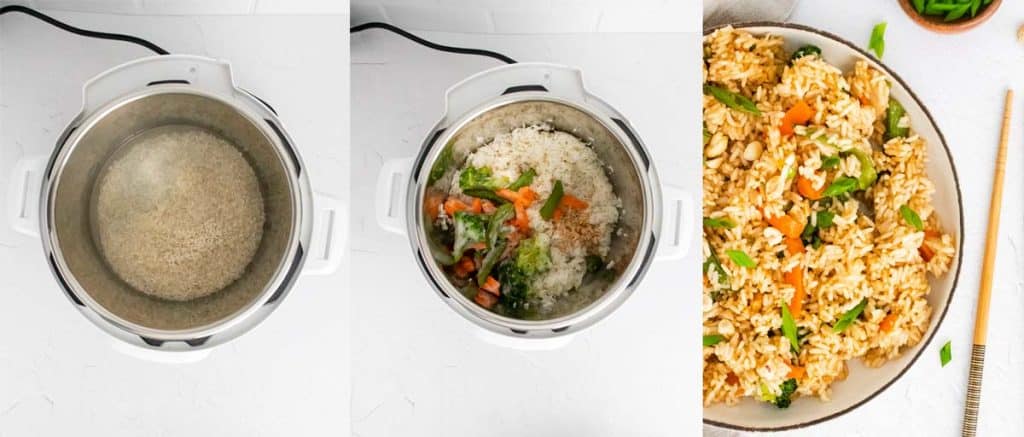 Three images of how to make fried rice. First image is uncooked white rice in Instant Pot. Second Image is cooked rice with stir fry vegetables included. The last image is cooked bowl of fried rice.