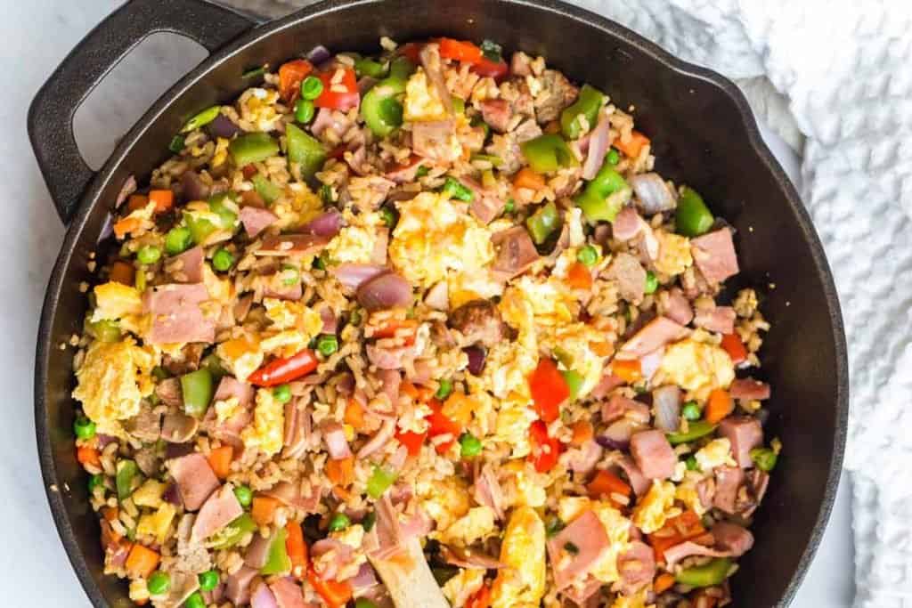 close up of fried rice in cast iron skillet
