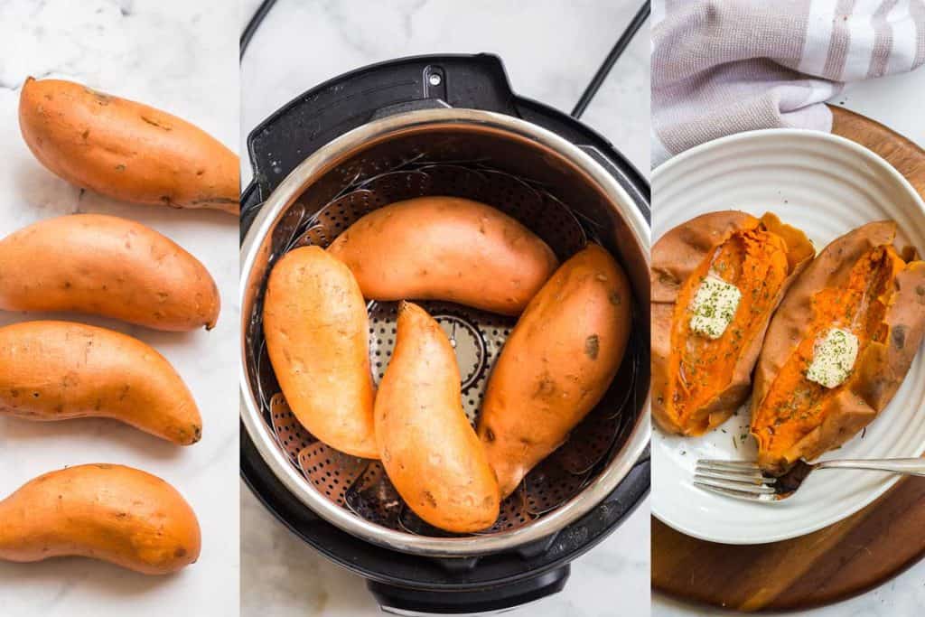 collage showing how to make instant pot sweet potatoes in three pictures