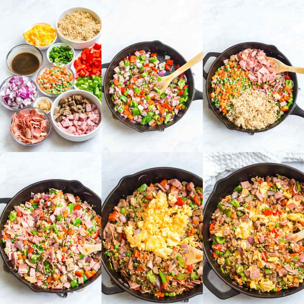ingredients and step by step instructional images of fried rice