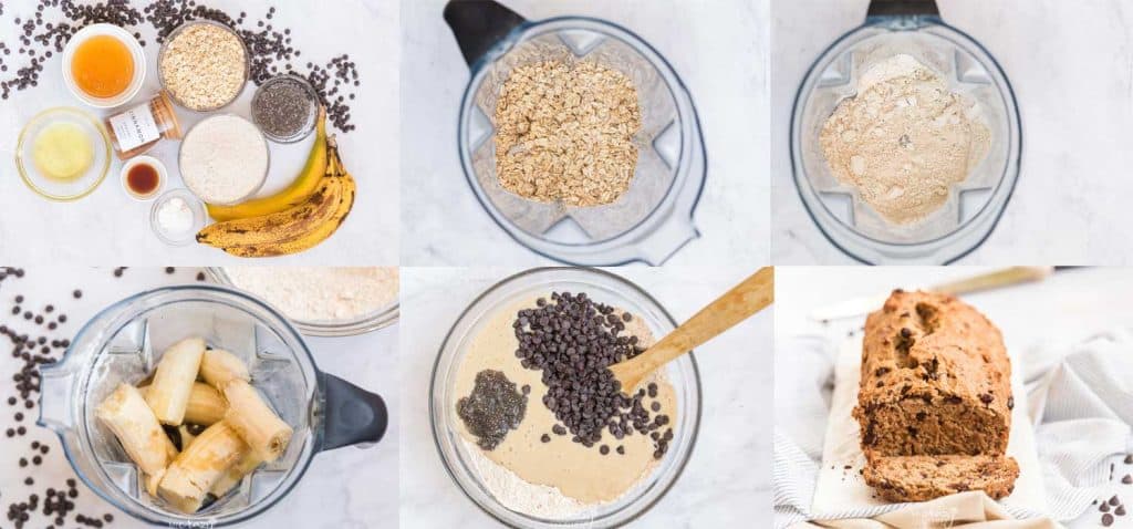 six pictures in a collage showing how to make this banana bread