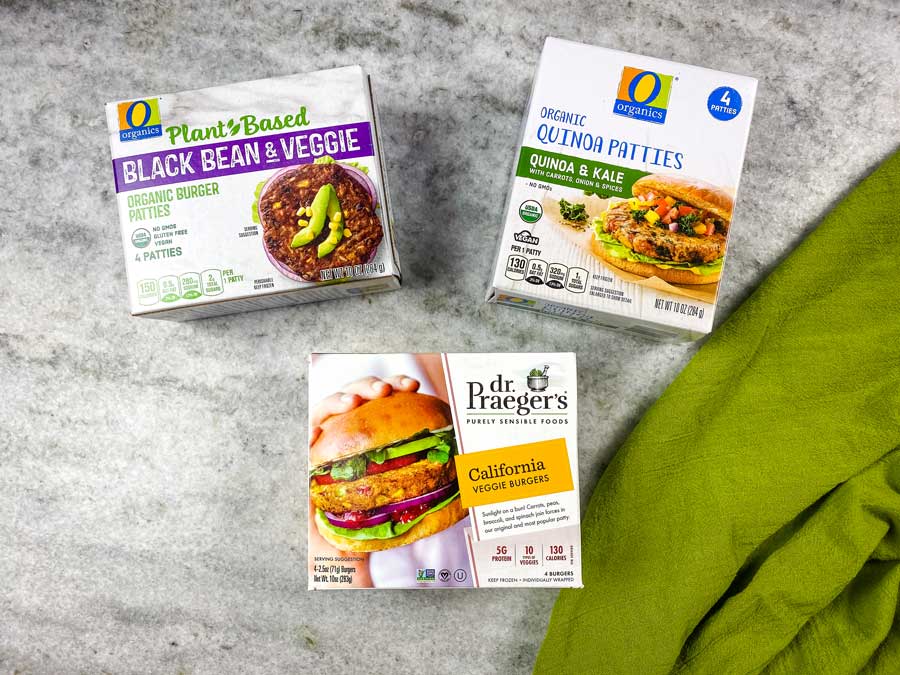 three types of veggie burgers on counter