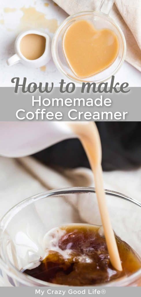 coffee creamer in a heart shaped coffee mug and creamer pouring into coffee with text for pinterest