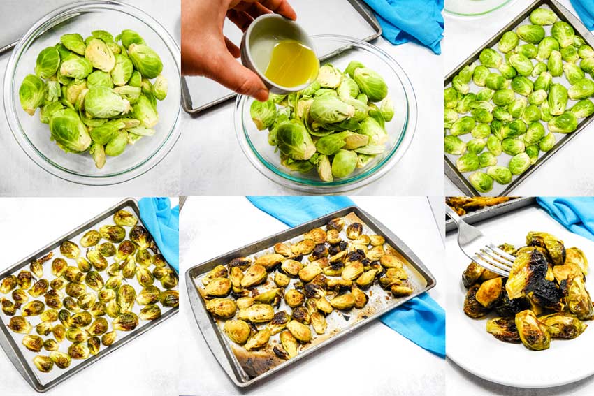 collage of roasted brussles sprouts in process