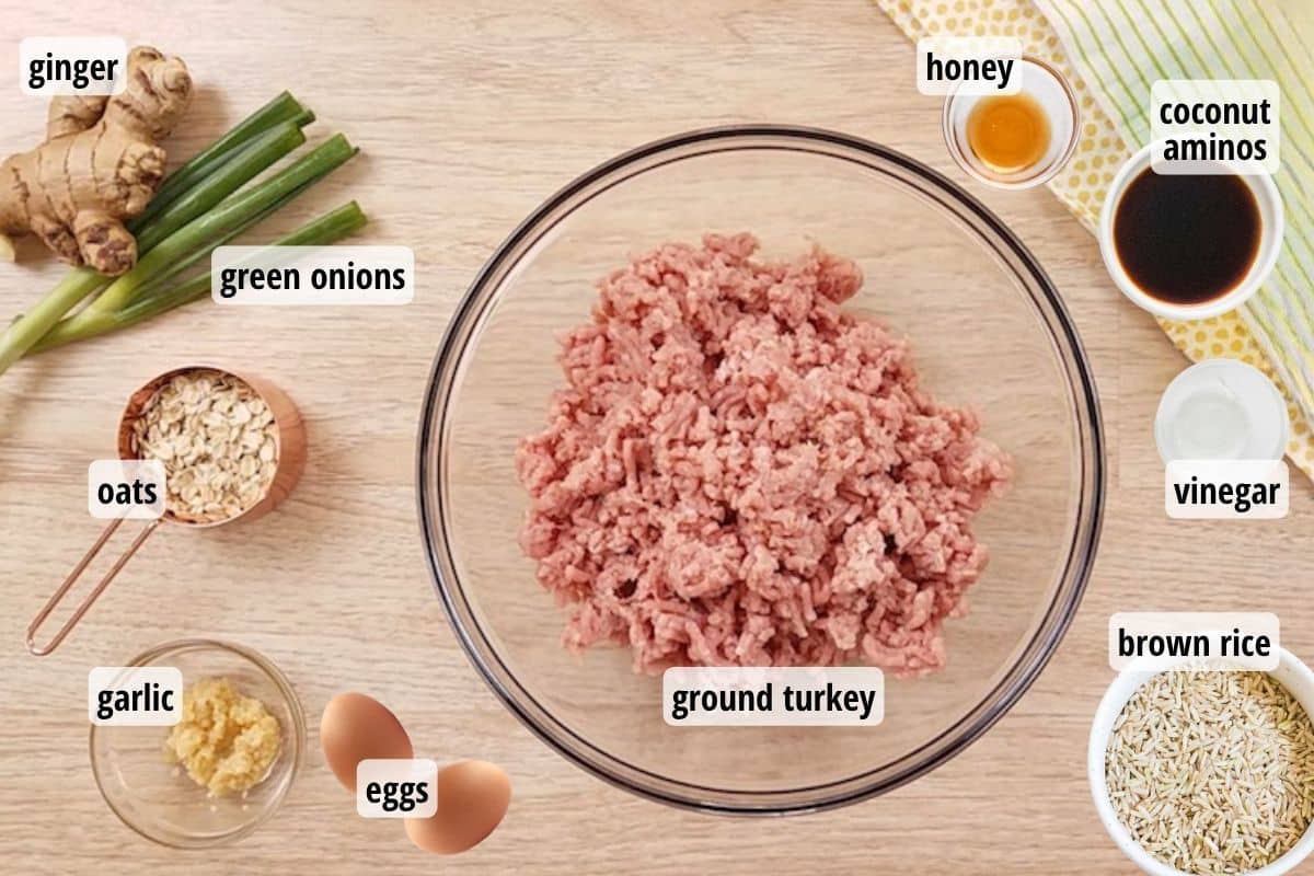 A light wood colored counter top with labeled ingredients needed to make Turkey Teriyaki Meatballs.