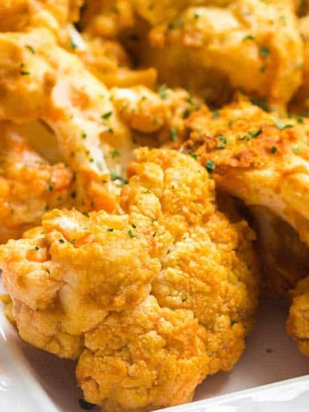 close up of buffalo cauliflower on white plate