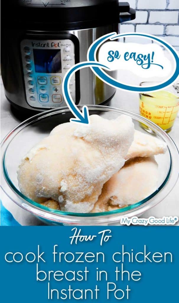 image of frozen chicken with instant pot in back
